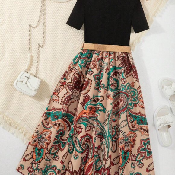 Girls Boho Maxi Dress w/ Belt | Sizes 5Y–9Y | Black Top & Paisley Skirt - Picture 2 of 7